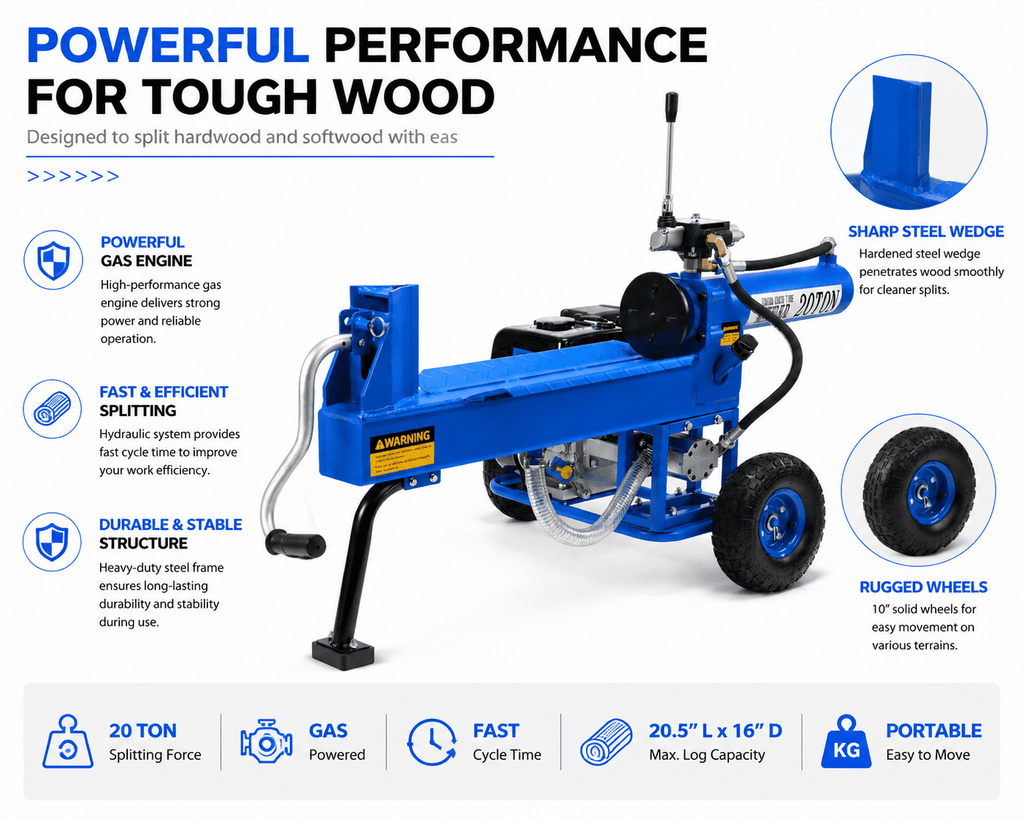 20 Ton Gas Log Splitter, Hydraulic Wood Splitter with Steel Frame, Portable Outdoor Firewood Splitter with Wheels, Heavy Duty Gas Powered Log Splitter for Home and Yard