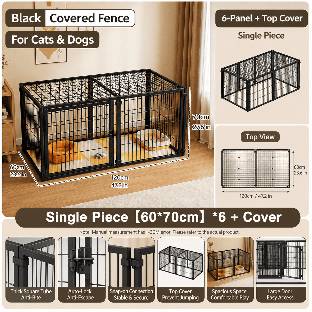 Dog Cage 48" Dog Kennel for Medium Dogs & Cat Puppy Dog Playpen with Top Indoor, Black.48"L x 23.6"W x 27.6"H.