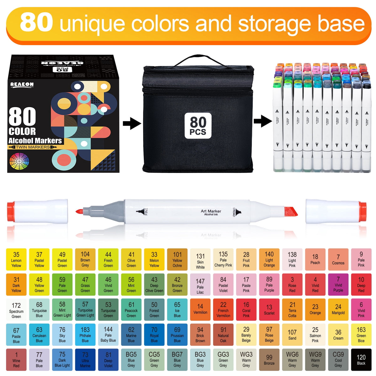 80 Colors Alcohol Markers Dual Tip Art Markers, Brush & Fine Point Pens, Smooth Ink, Safe Non-Toxic for Coloring Drawing Sketching