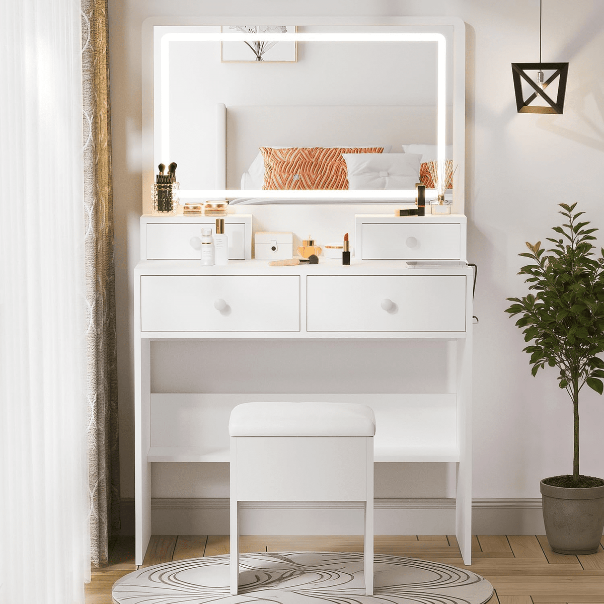 White Vanity Desk with Mirror and Power Outlet, Makeup Vanity with Adjustable Brightness and 3 Lighting Modes, Dressing Table Set with 4 Drawers, Storage Chair for Bedroom
