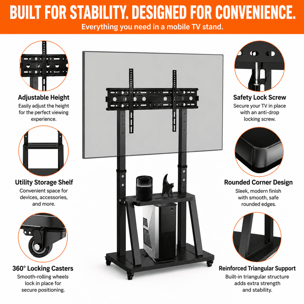 32-75 inch Height Adjustable Rolling TV Stand, Holds up to 420 lbs, VESA 600x400mm,Black