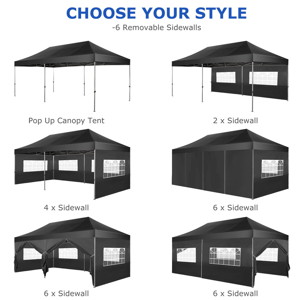 10x20 FT EZ Pop Up Canopy Anti-UV Waterproof Outdoor Tent Portable Party Commercial Instant Canopy Shelter Height Adjustable Tent Gazebo with 6 Removable Sidewalls, 4 Sandbags, Roller Bag