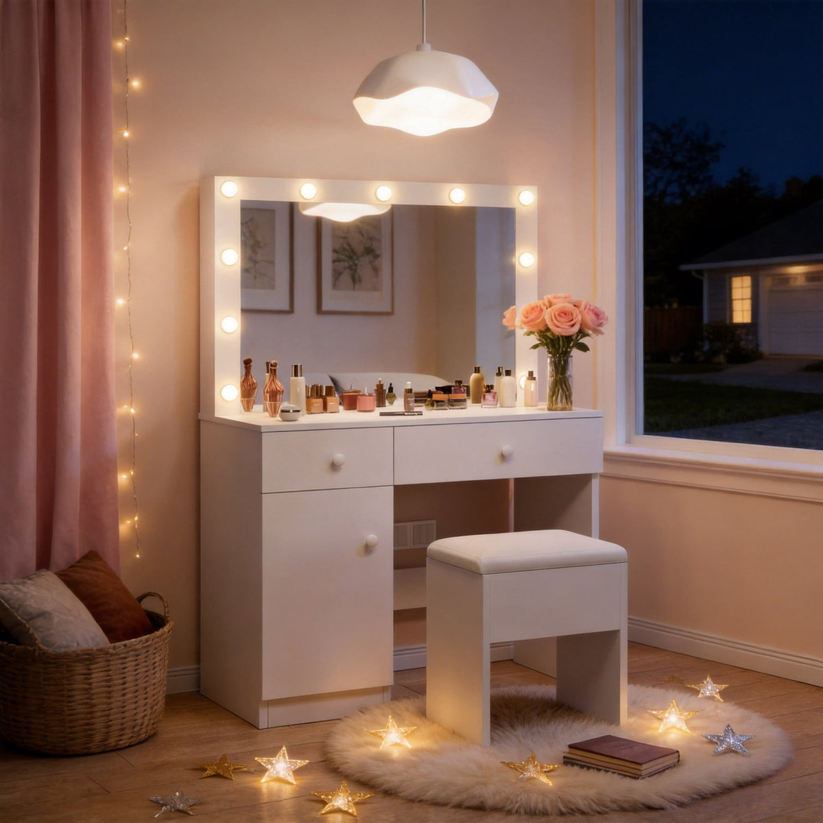 32" Vanity Desk with Large Mirror, LED Lights, AC Outlet, USB Ports, Make up Vanity Desk with Mirror and Lights andDrawer & Storage Cabinet, Vanity Set with Cushioned Stool