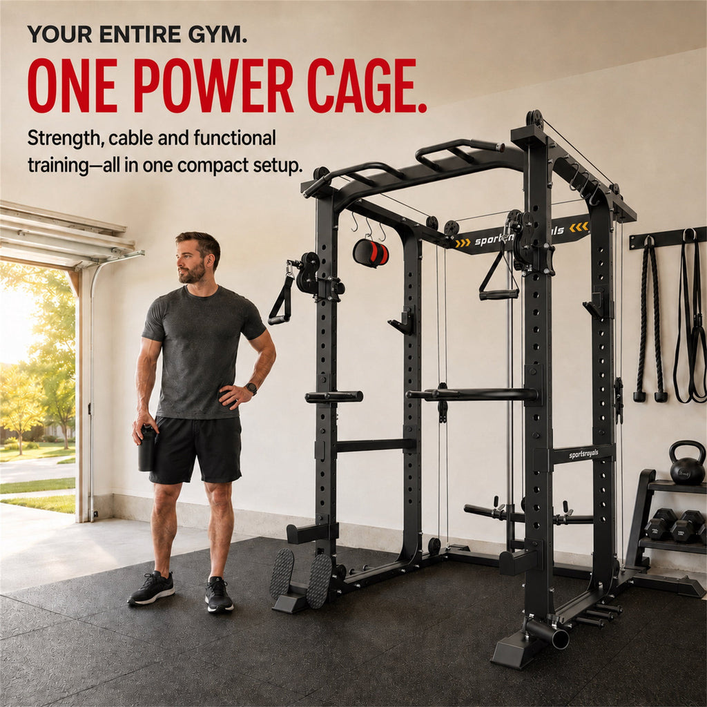 Power Rack, Multi Functional Power Cage with Cable Crossover System, LAT Pulldown, Squat Rack, Pull Up Bar, Dip Station, Home Gym Strength Training Equipment, Black