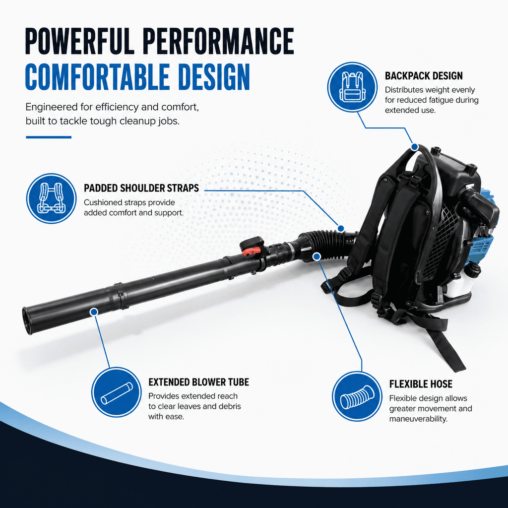 Gas Backpack Blower for Yard Cleanup, 75.6CC 2-Cycle Leaf Blower with Comfortable Harness, Adjustable Tube, Powerful Airflow for Leaves, Grass, Driveways and Outdoor Maintenance