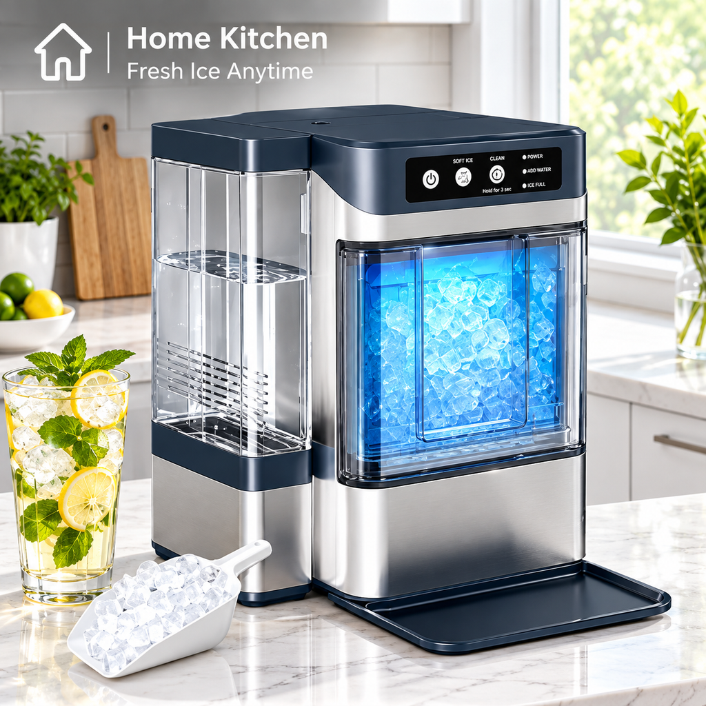Nugget Ice Maker Countertop, 44.9lbs per Day Soft Chewable Pebble Nugget Ice Machine with with 1.5L Inside and 3L Outside Water Tank, Self-Cleaning