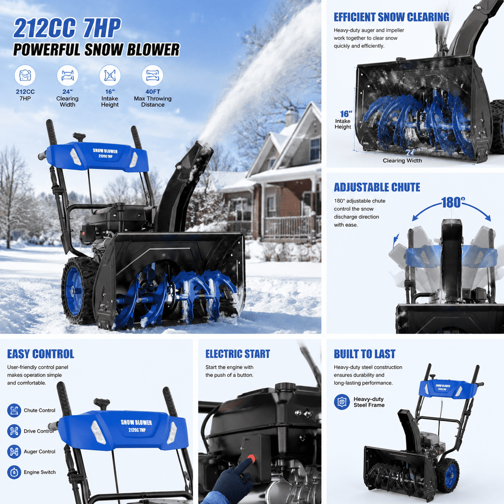 212CC 7HP Gas Snow Blower, 24 Inch Two Stage Snow Blower with Electric Start, LED Headlight, 16 Inch Intake Height, Self Propelled Snow Thrower with 180° Adjustable Chute for Heavy Snow Driveways