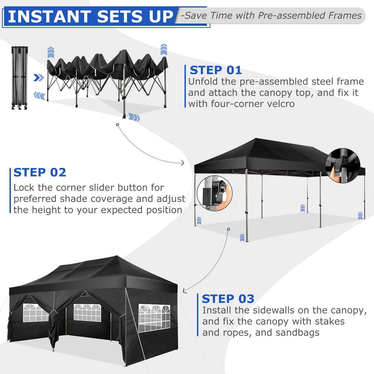 10x20 FT EZ Pop Up Canopy Anti-UV Waterproof Outdoor Tent Portable Party Commercial Instant Canopy Shelter Height Adjustable Tent Gazebo with 6 Removable Sidewalls, 4 Sandbags, Roller Bag