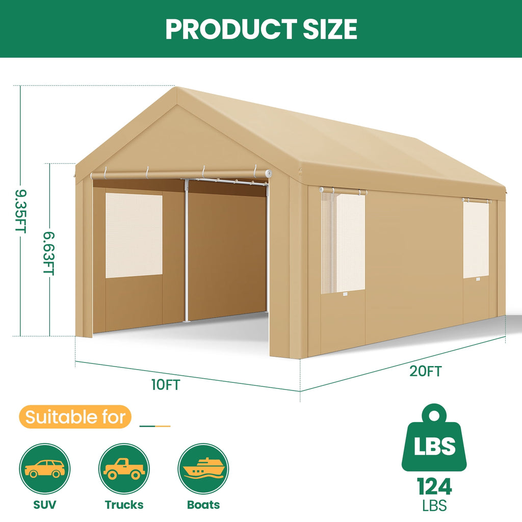 10x20ft Carport Heavy Duty, Portable Car Garage with Built-in Sandbags, Waterproof Car Canopy for Truck, Boat, SUV with All-Season Tarp, Khaki