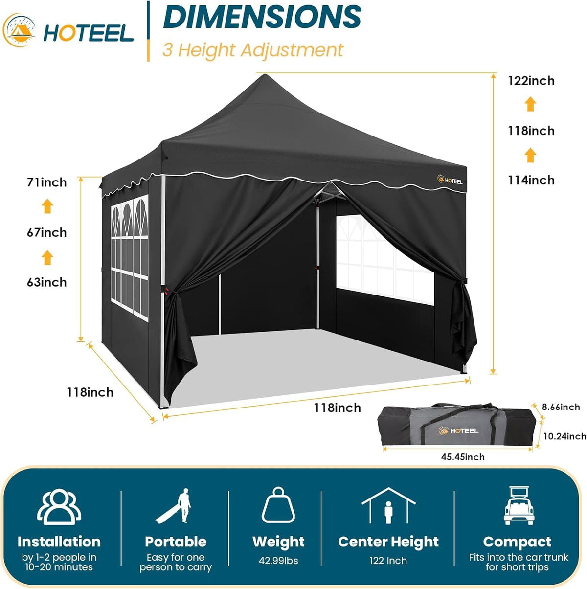 10' x 10' Pop up Canopy Party Tent with 4 Removable Sidewalls, Wave Eave Outdoor Waterproof Patio Gazebo Tent with Carry Bag, Backyards Camping Picnics, Black