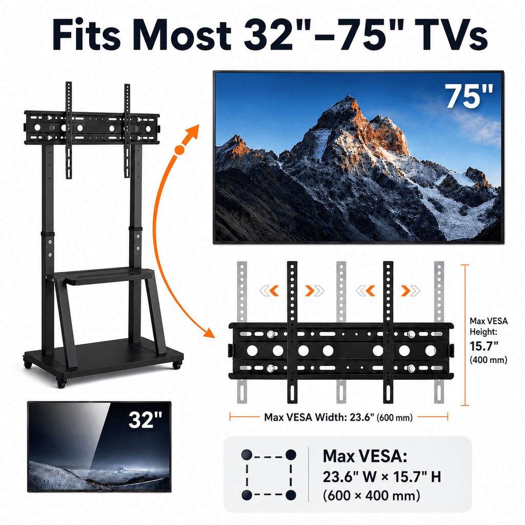 32-75 inch Height Adjustable Rolling TV Stand, Holds up to 420 lbs, VESA 600x400mm,Black