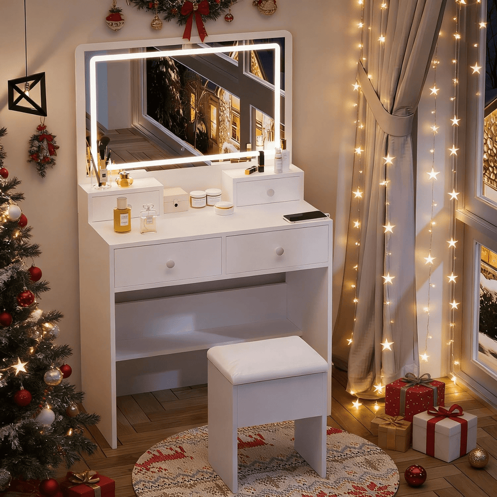White Vanity Desk with Mirror and Power Outlet, Makeup Vanity with Adjustable Brightness and 3 Lighting Modes, Dressing Table Set with 4 Drawers, Storage Chair for Bedroom