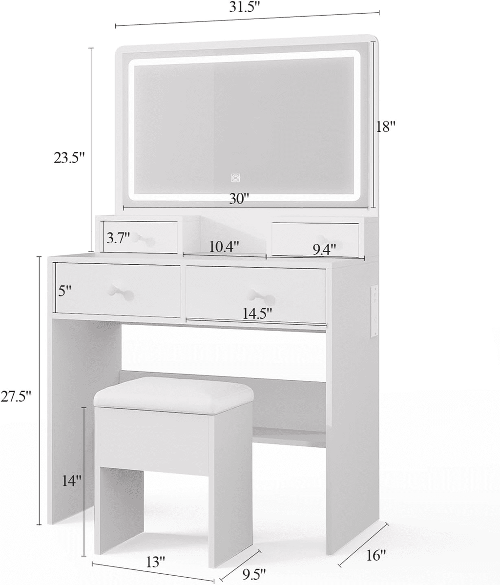 White Vanity Desk with Mirror and Power Outlet, Makeup Vanity with Adjustable Brightness and 3 Lighting Modes, Dressing Table Set with 4 Drawers, Storage Chair for Bedroom