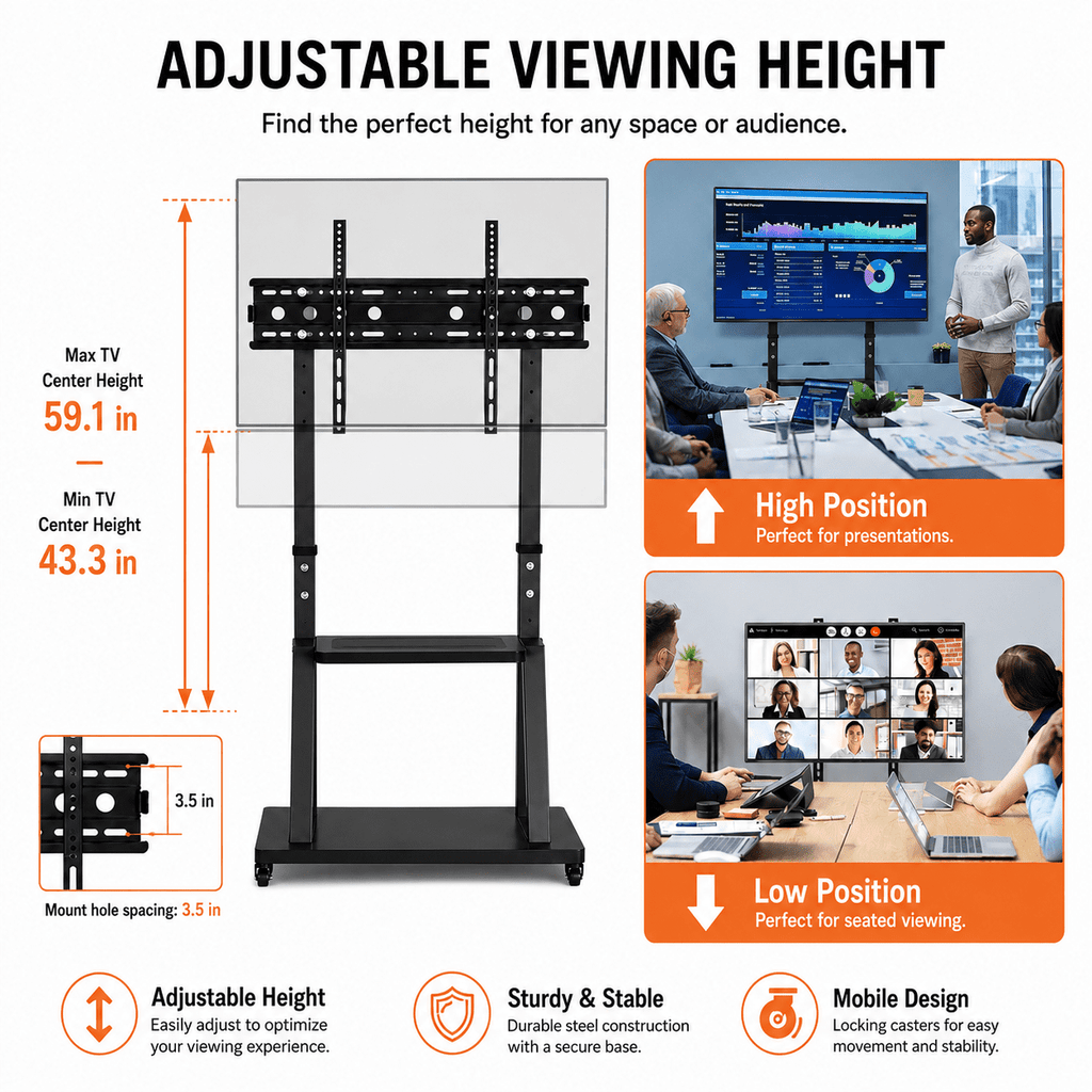 32-75 inch Height Adjustable Rolling TV Stand, Holds up to 420 lbs, VESA 600x400mm,Black