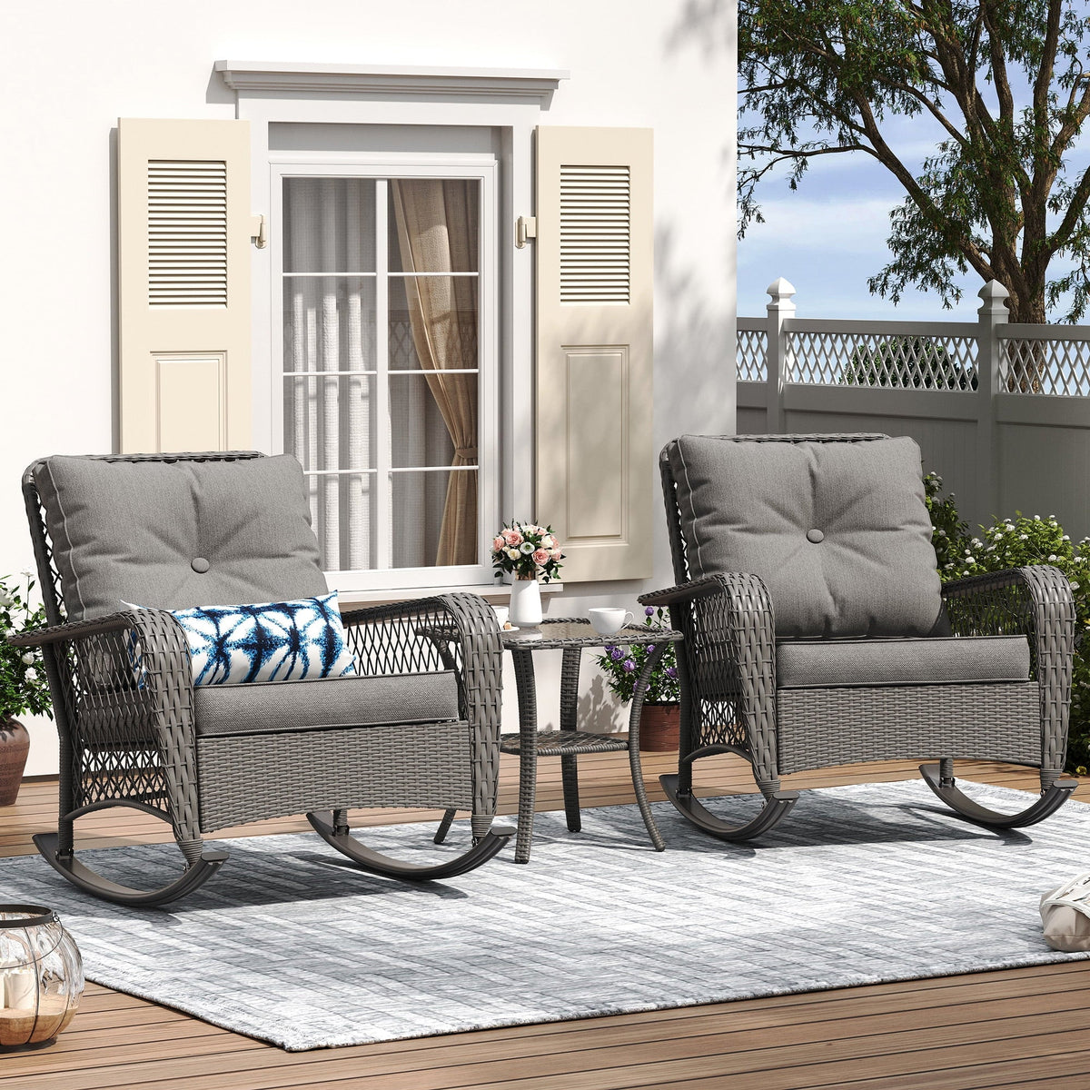 MRUAKA Outdoor Rocking Chairs Set of 3, Wicker Patio Furniture with Thickened Cushions and Table for Porch，350lbs Weight Capacity(Gray)