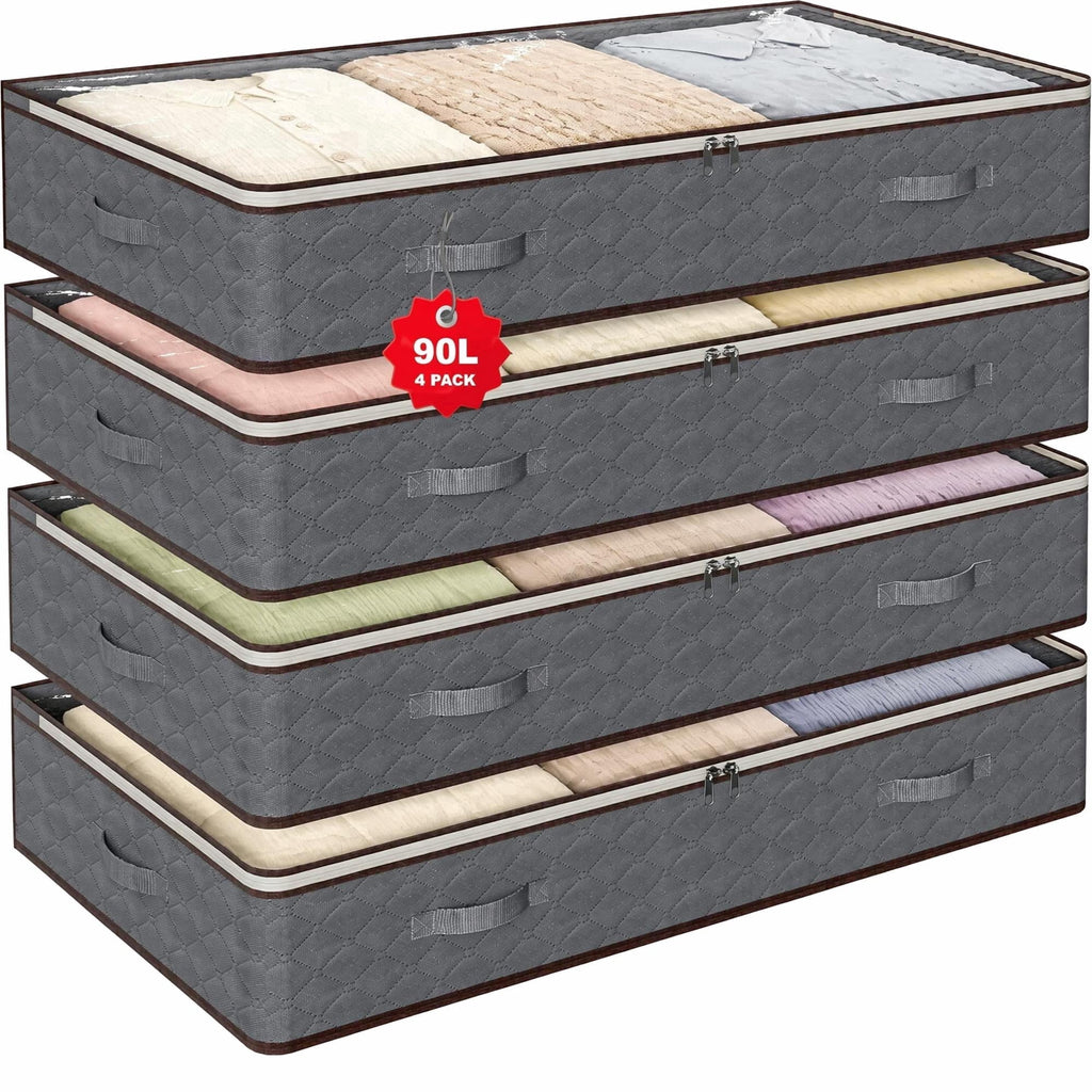 4 Pack 90L Under Bed Storage Containers 4-Pack, Large Capacity Closet Organizers and Storage Bins with Visible Transparent Top & Secure Lids,Grey, Perfect for Storing Clothes, Shoes, Blankets, Pillow