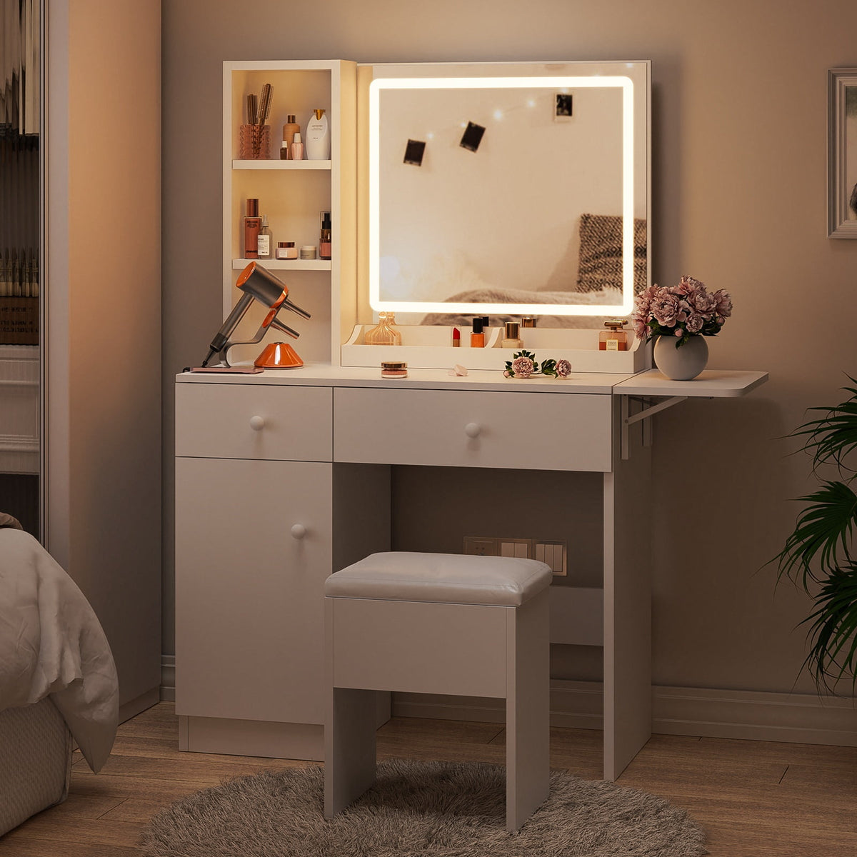 White Vanity Desk with Mirror and Lights, Makeup Vanity with Charging Station and 3 Lighting Modes, Dressing Table Set with Storage Cabinet, Drawers and Chair for Girls Bedroom