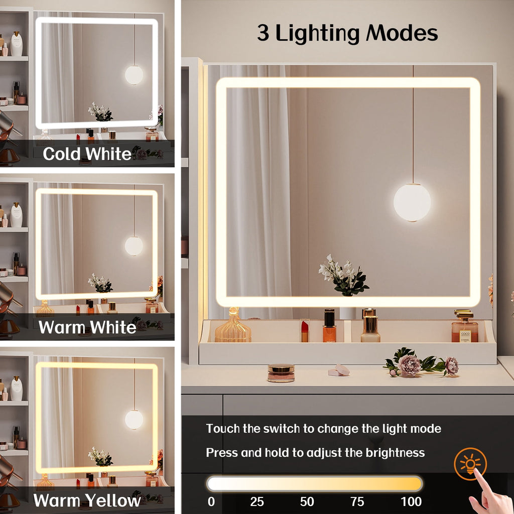 White Vanity Desk with Mirror and Lights, Makeup Vanity with Charging Station and 3 Lighting Modes, Dressing Table Set with Storage Cabinet, Drawers and Chair for Girls Bedroom