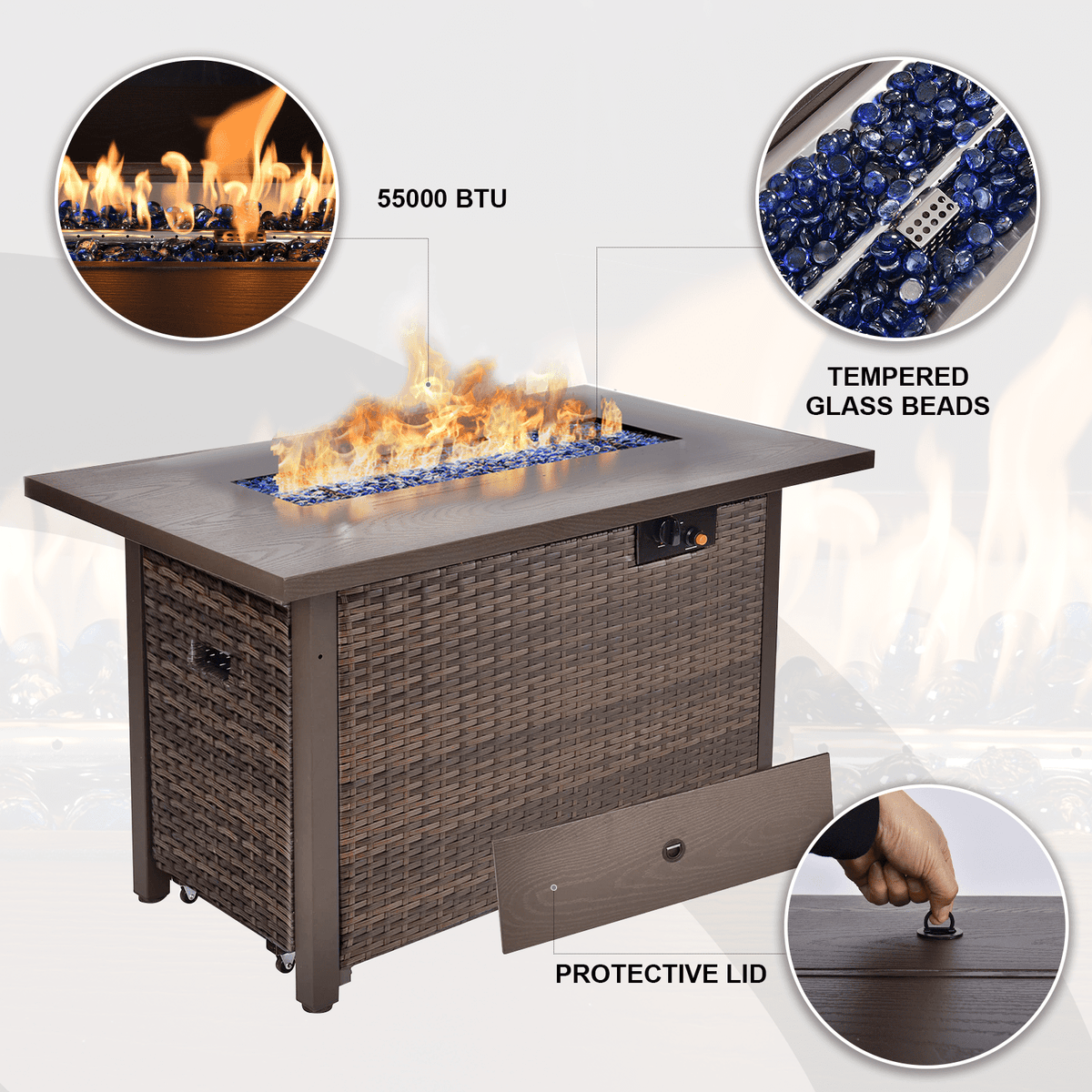 TANGJEAMER42" 55,000 BTU Outdoor Propane Fire Pit Table with Tempered Glass Beads – Hand-Woven Rattan Design with Pull-Out Drawer & Protective Lid