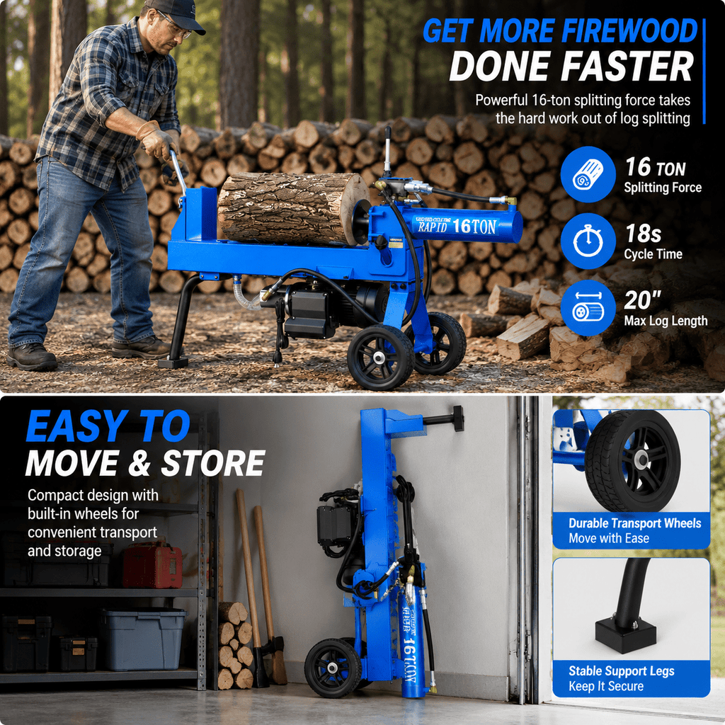 16 Ton Electric Log Splitter, Hydraulic Wood Splitter with 18-Second Cycle Time, 20-Inch Log Capacity, Portable Wheels and Heavy-Duty Steel Frame for Home Firewood Cutting