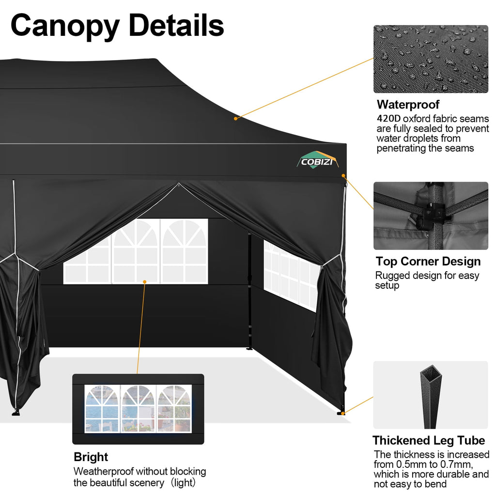 10x20 FT Heavy Duty Pop Up Canopy Tent, Reinforced Frame Holds 220 LBS Per Leg, 6 Removable Sidewalls, Waterproof and Windproof for Backyard, Trade Show, Wedding and Outdoor Party, Black