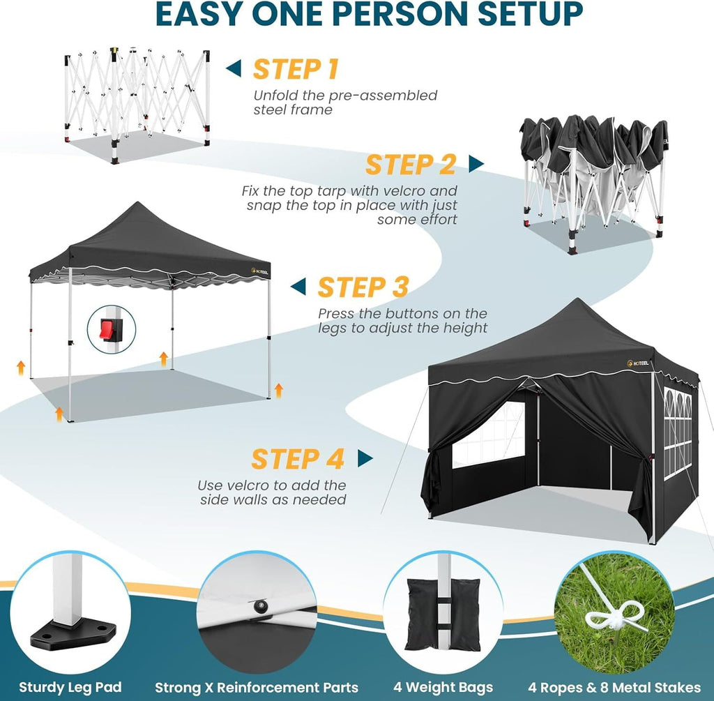 10' x 10' Pop up Canopy Party Tent with 4 Removable Sidewalls, Wave Eave Outdoor Waterproof Patio Gazebo Tent with Carry Bag, Backyards Camping Picnics, Black
