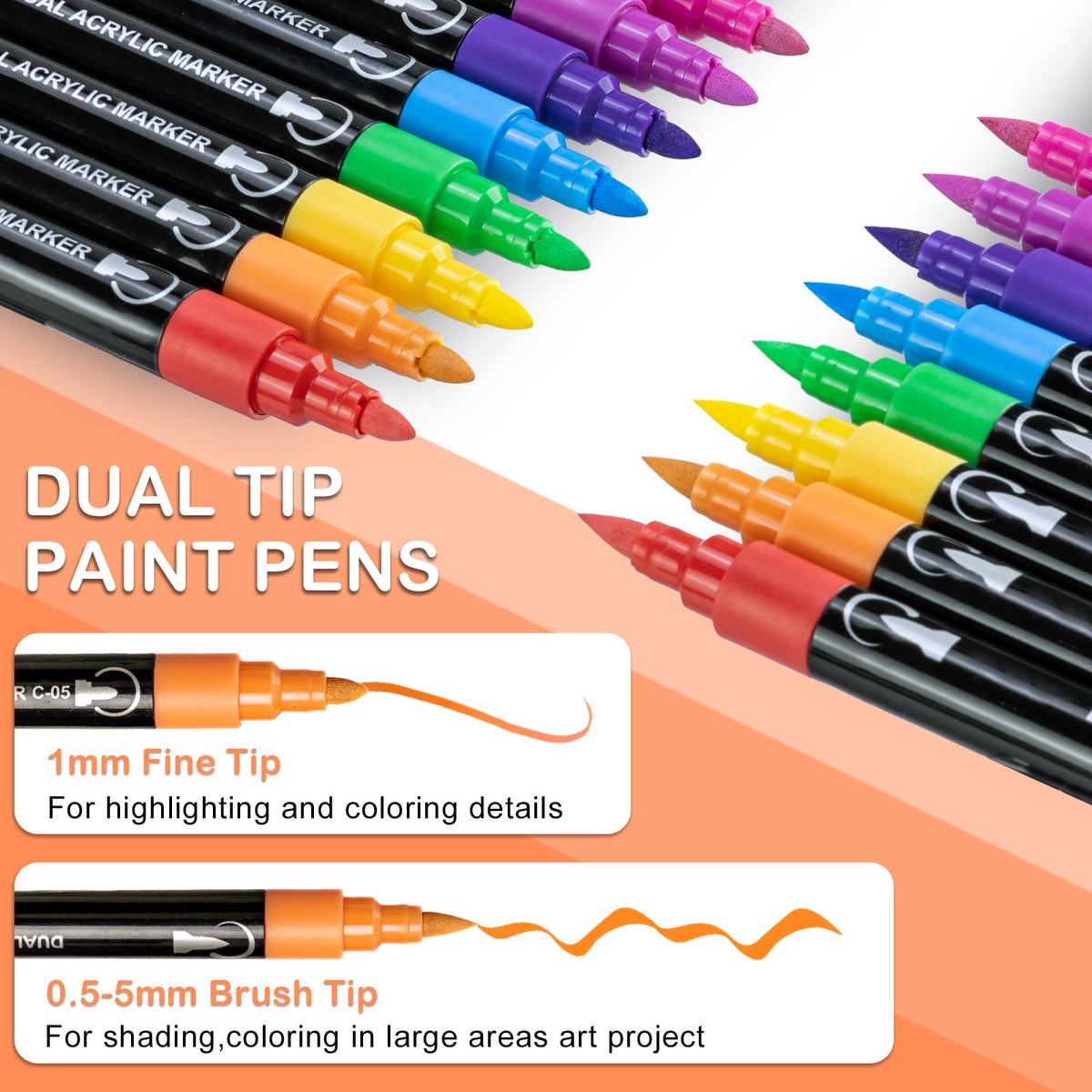 24 Colors Acrylic Paint Pens, Dual Tip Waterproof Markers, Quick Dry High Pigment Paint Pens for Rock Painting Wood Canvas Ceramic Glass DIY Art Crafts