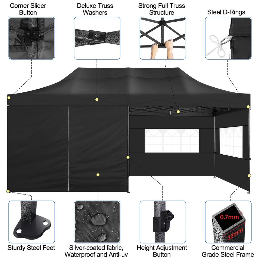 10x20 FT EZ Pop Up Canopy Anti-UV Waterproof Outdoor Tent Portable Party Commercial Instant Canopy Shelter Height Adjustable Tent Gazebo with 6 Removable Sidewalls, 4 Sandbags, Roller Bag