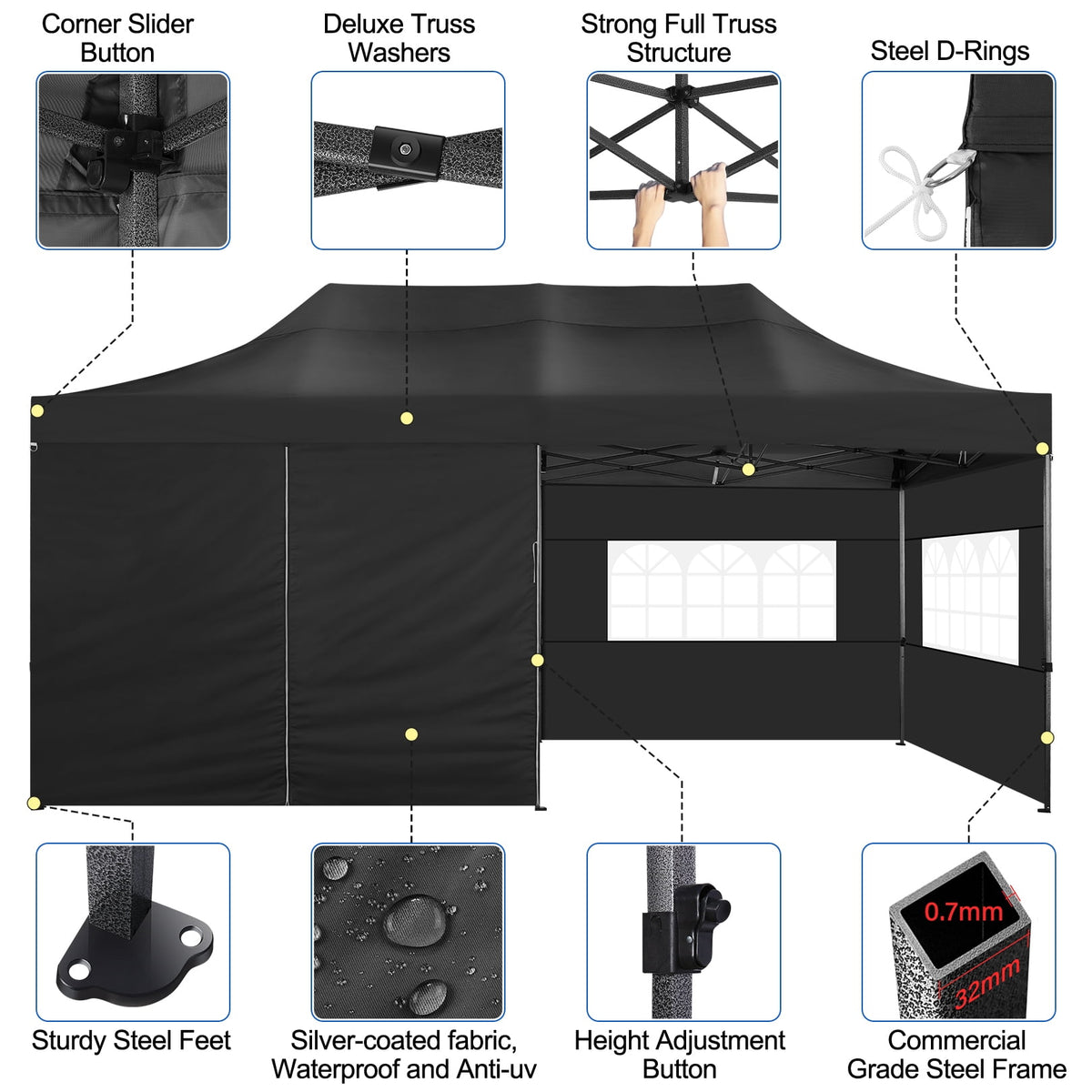10x20 FT EZ Pop Up Canopy Anti-UV Waterproof Outdoor Tent Portable Party Commercial Instant Canopy Shelter Height Adjustable Tent Gazebo with 6 Removable Sidewalls, 4 Sandbags, Roller Bag