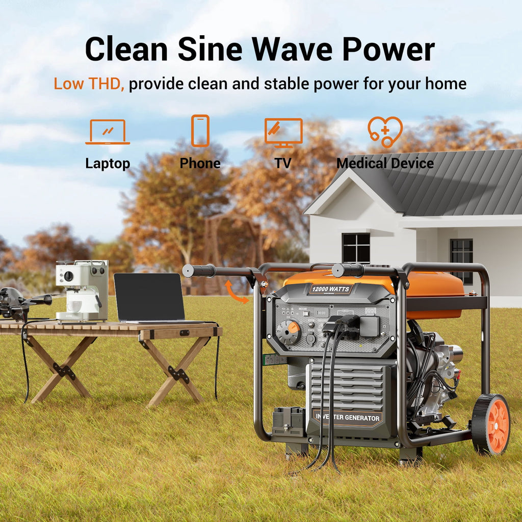 12000-Watt Inverter Generator, Portable Generator Gas Powered with Electric Start for Home Backup, RV Ready