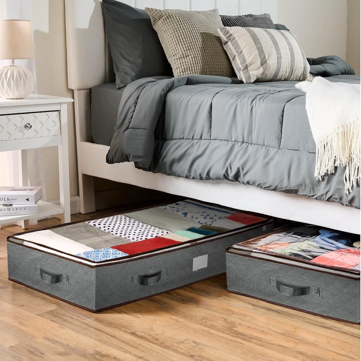 4 Pack 90L Under Bed Storage Containers 4-Pack, Large Capacity Closet Organizers and Storage Bins with Visible Transparent Top & Secure Lids,Grey, Perfect for Storing Clothes, Shoes, Blankets, Pillow