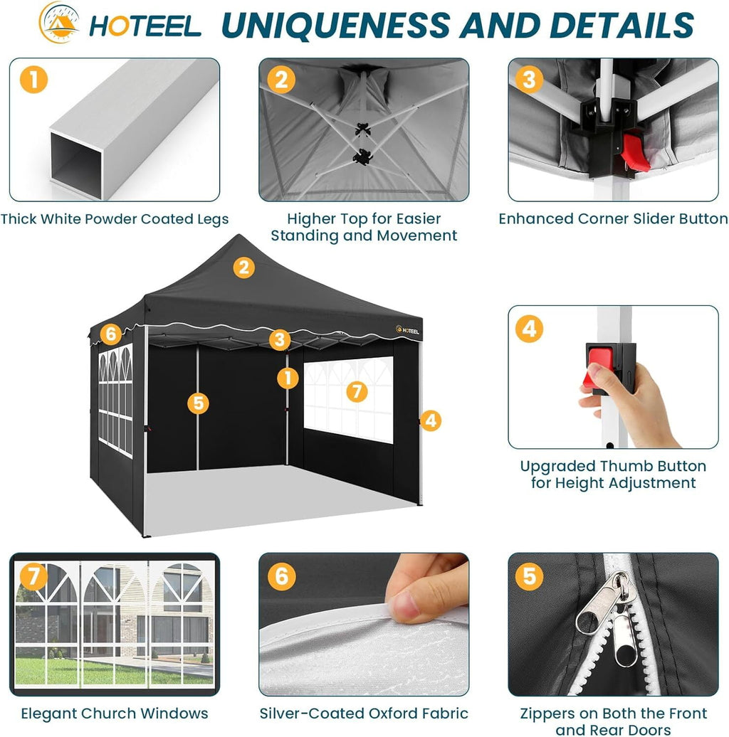 10' x 10' Pop up Canopy Party Tent with 4 Removable Sidewalls, Wave Eave Outdoor Waterproof Patio Gazebo Tent with Carry Bag, Backyards Camping Picnics, Black