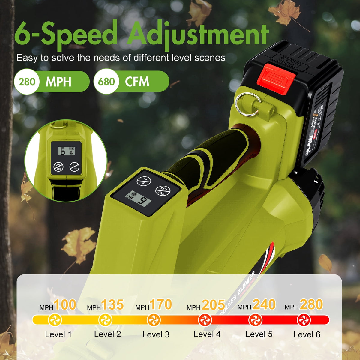 Leaf Blower, 680CFM/280MPH Electric Cordless Leaf Blower with 2*6.0Ah Batteries and Charger, 6 Speed Mode, Lightweight Leaf Blowers for Blowing Leaves, Lawn Care, Patio Cleaning and Dust
