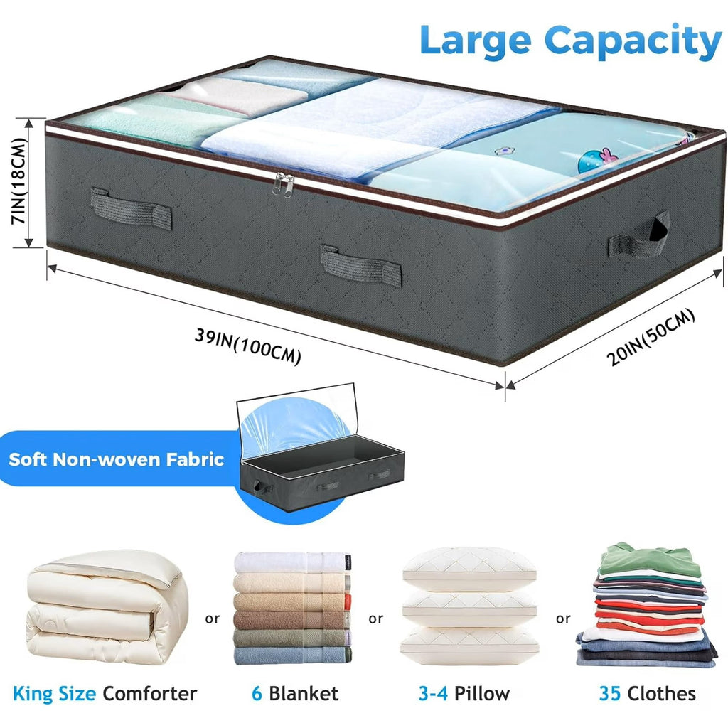 4 Pack 90L Under Bed Storage Containers 4-Pack, Large Capacity Closet Organizers and Storage Bins with Visible Transparent Top & Secure Lids,Grey, Perfect for Storing Clothes, Shoes, Blankets, Pillow