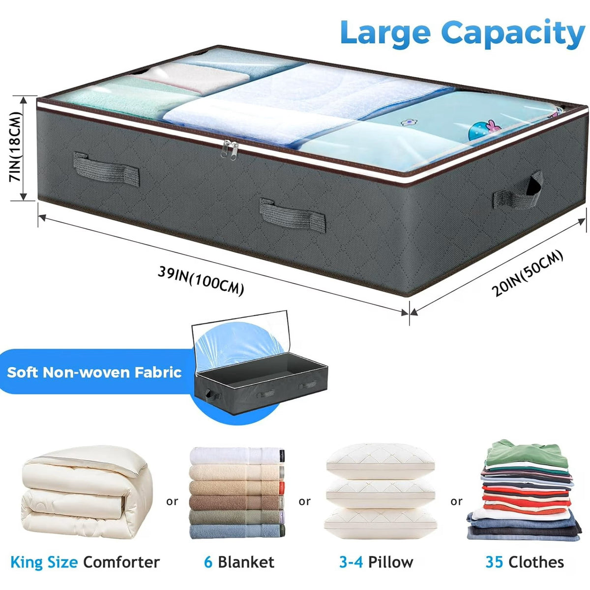 4 Pack 90L Under Bed Storage Containers 4-Pack, Large Capacity Closet Organizers and Storage Bins with Visible Transparent Top & Secure Lids,Grey, Perfect for Storing Clothes, Shoes, Blankets, Pillow