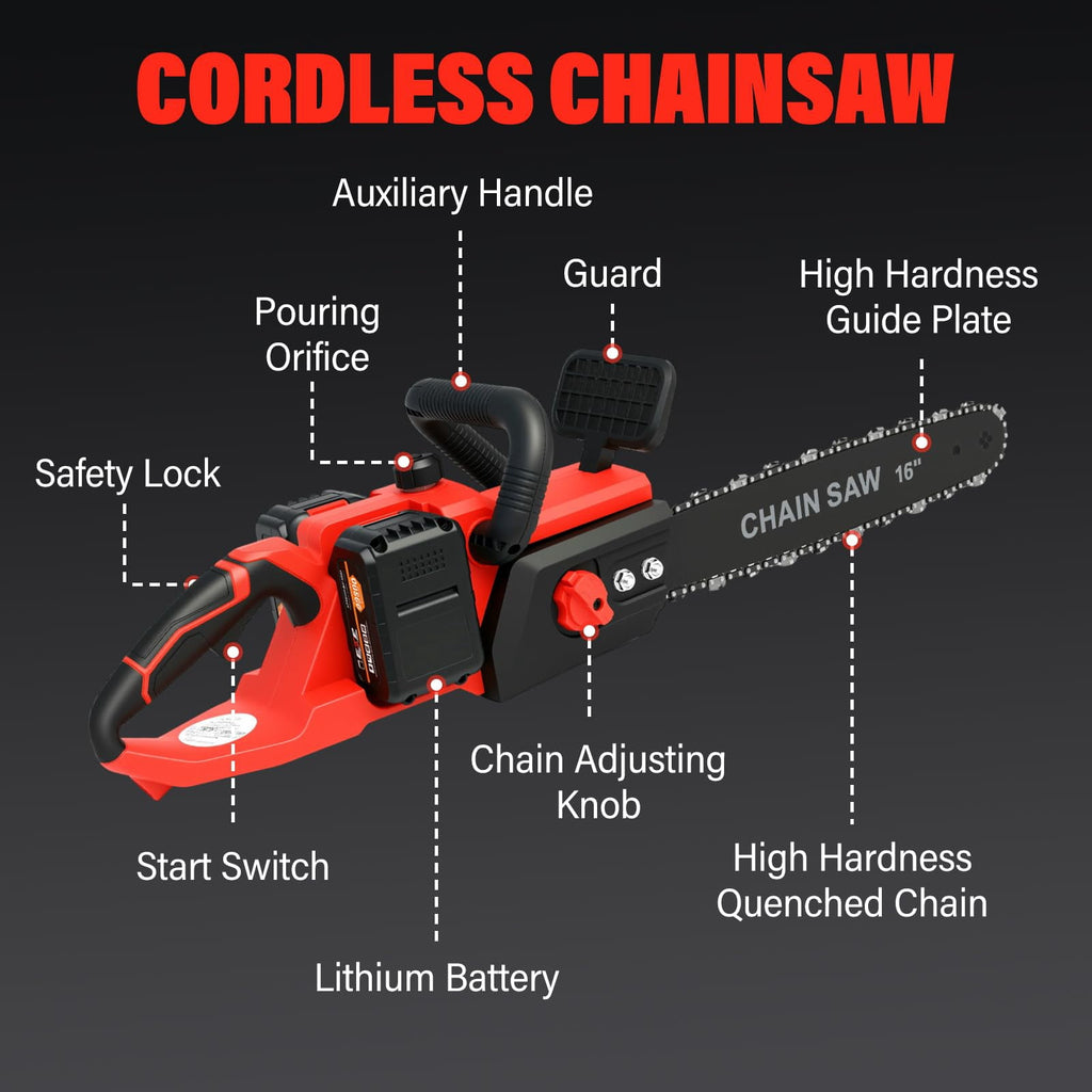 BAOKALER 16 inch Cordless Chainsaw with 42V 2 x 3.0Ah Batteries, 3 Chains and Dual Chargers for Tree Trimming & Wood Cutting