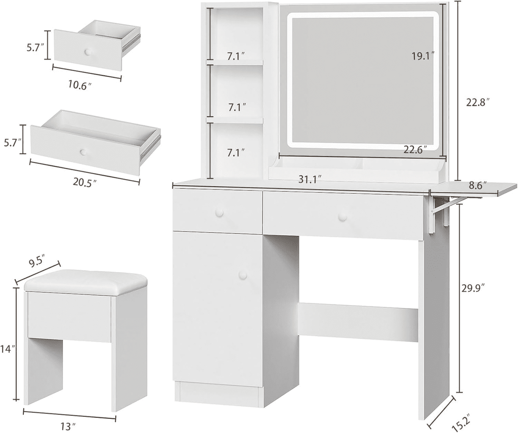 White Vanity Desk with Mirror and Lights, Makeup Vanity with Charging Station and 3 Lighting Modes, Dressing Table Set with Storage Cabinet, Drawers and Chair for Girls Bedroom