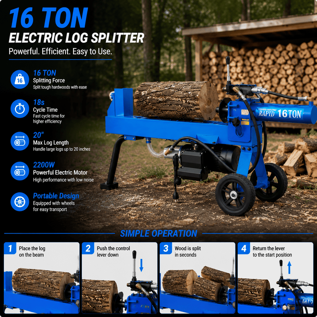 16 Ton Electric Log Splitter, Hydraulic Wood Splitter with 18-Second Cycle Time, 20-Inch Log Capacity, Portable Wheels and Heavy-Duty Steel Frame for Home Firewood Cutting