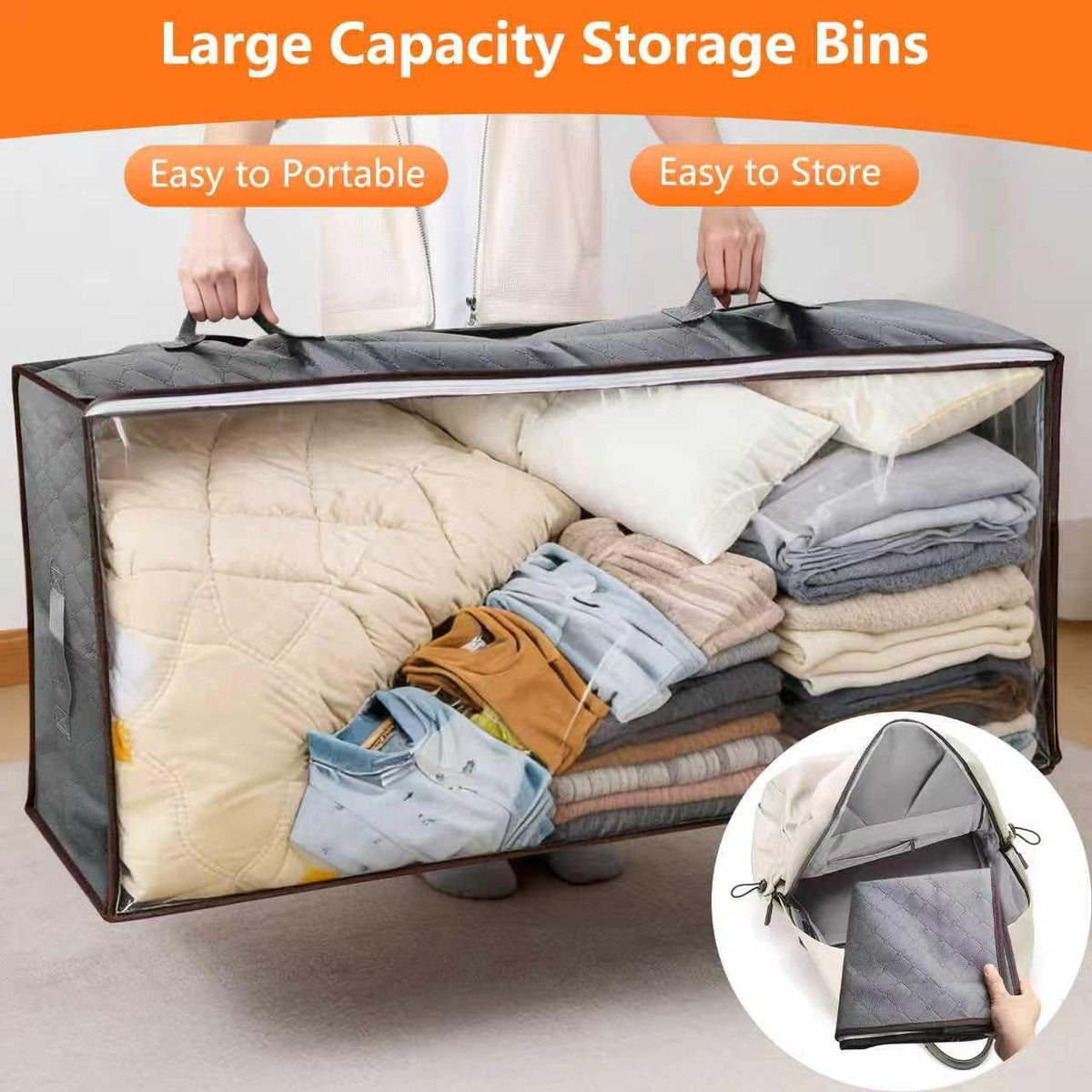 4 Pack 90L Under Bed Storage Containers 4-Pack, Large Capacity Closet Organizers and Storage Bins with Visible Transparent Top & Secure Lids,Grey, Perfect for Storing Clothes, Shoes, Blankets, Pillow