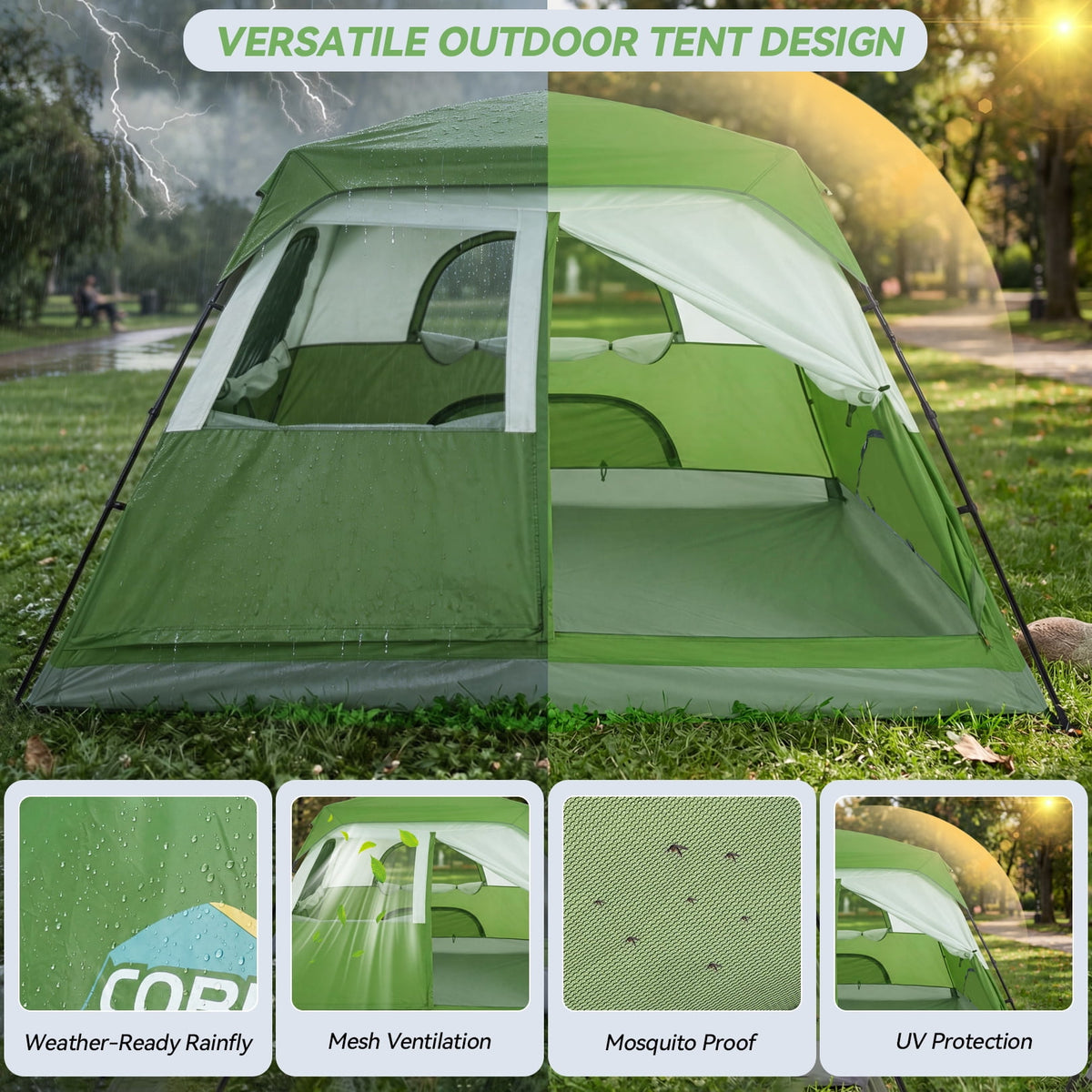 HOTEEL 8-10 Person Camping Tent, Easy Setup Waterproof Windproof Backpacking Tent with Removable Rainfly, Lightweight Portable Outdoor Family Tents for Camping, Travel, Fishing, Hiking, Green