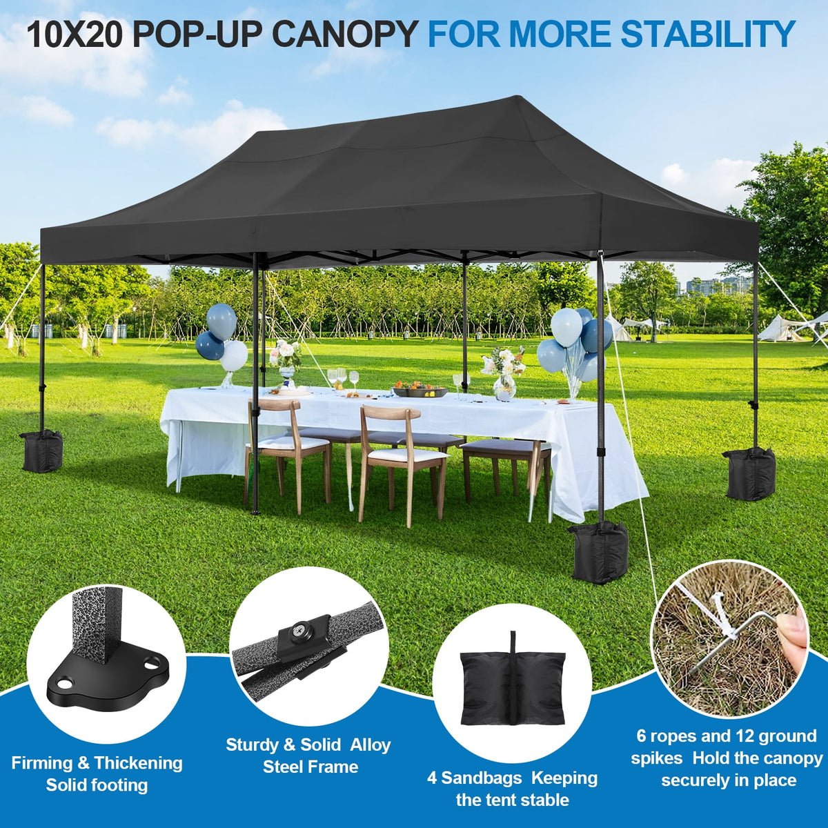 10x20 FT EZ Pop Up Canopy Anti-UV Waterproof Outdoor Tent Portable Party Commercial Instant Canopy Shelter Height Adjustable Tent Gazebo with 6 Removable Sidewalls, 4 Sandbags, Roller Bag