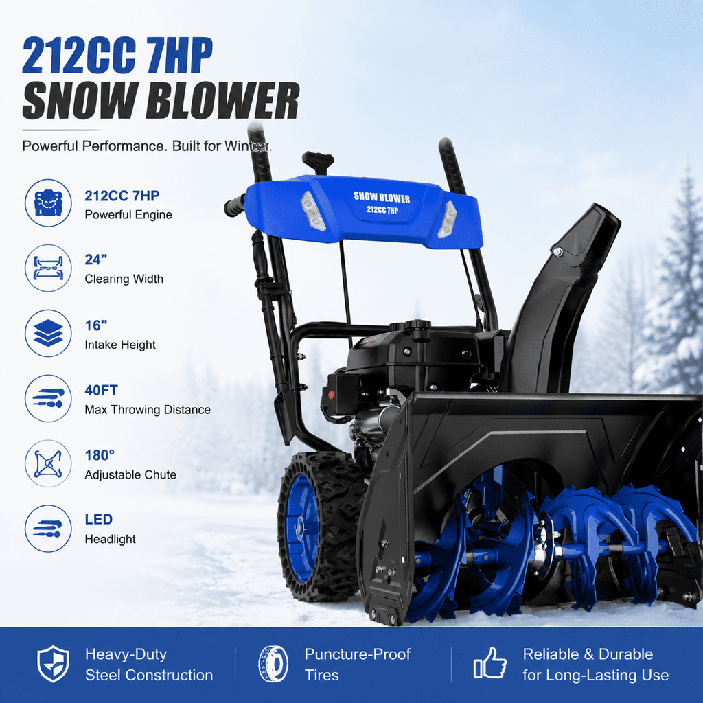 212CC 7HP Gas Snow Blower, 24 Inch Two Stage Snow Blower with Electric Start, LED Headlight, 16 Inch Intake Height, Self Propelled Snow Thrower with 180° Adjustable Chute for Heavy Snow Driveways