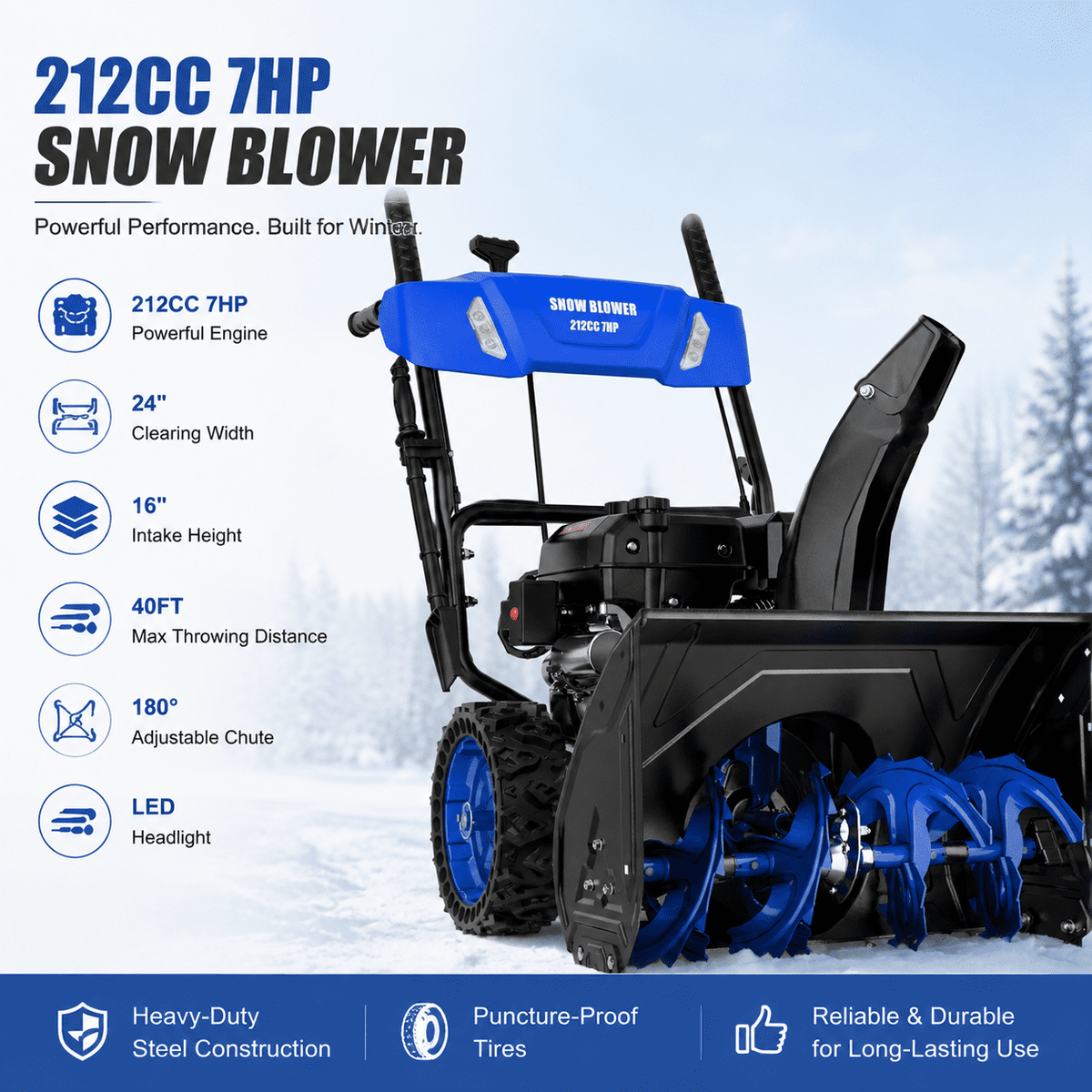 212CC 7HP Gas Snow Blower, 24 Inch Two Stage Snow Blower with Electric Start, LED Headlight, 16 Inch Intake Height, Self Propelled Snow Thrower with 180° Adjustable Chute for Heavy Snow Driveways