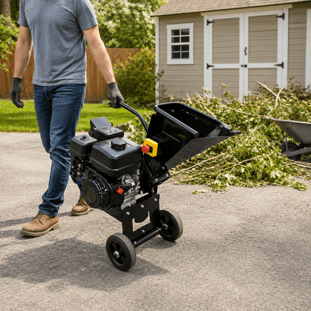 Gas Powered Wood Chipper Shredder, Heavy Duty Outdoor Branch Mulcher with Large Hopper, Portable Yard Waste Chipper for Tree Trimming, Garden and Backyard Cleanup