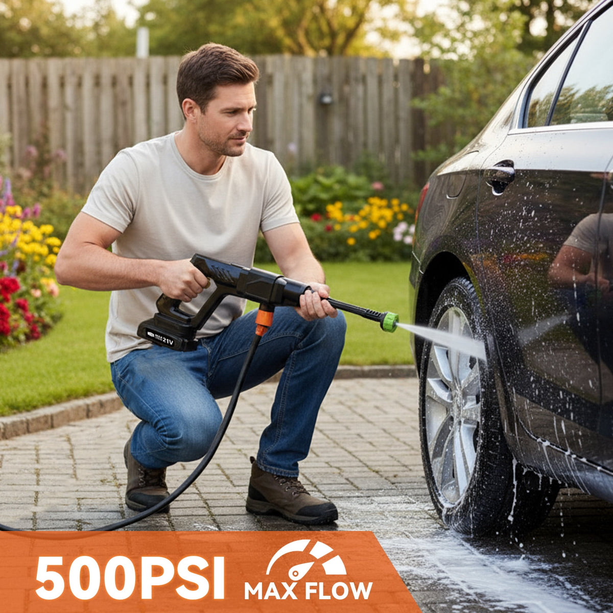 Cordless Pressure Washer, 500PSI Electric Power Washer, Portable Power Washer with 6-in-1 Adjustable Nozzle, Power Cleaner with 16.4ft Hose for Cars/Patios