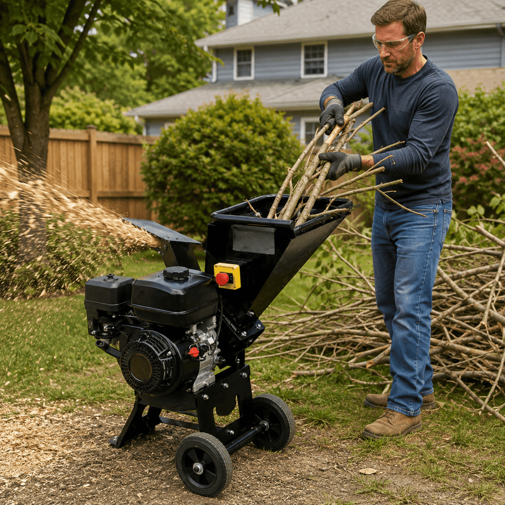 Gas Powered Wood Chipper Shredder, Heavy Duty Outdoor Branch Mulcher with Large Hopper, Portable Yard Waste Chipper for Tree Trimming, Garden and Backyard Cleanup