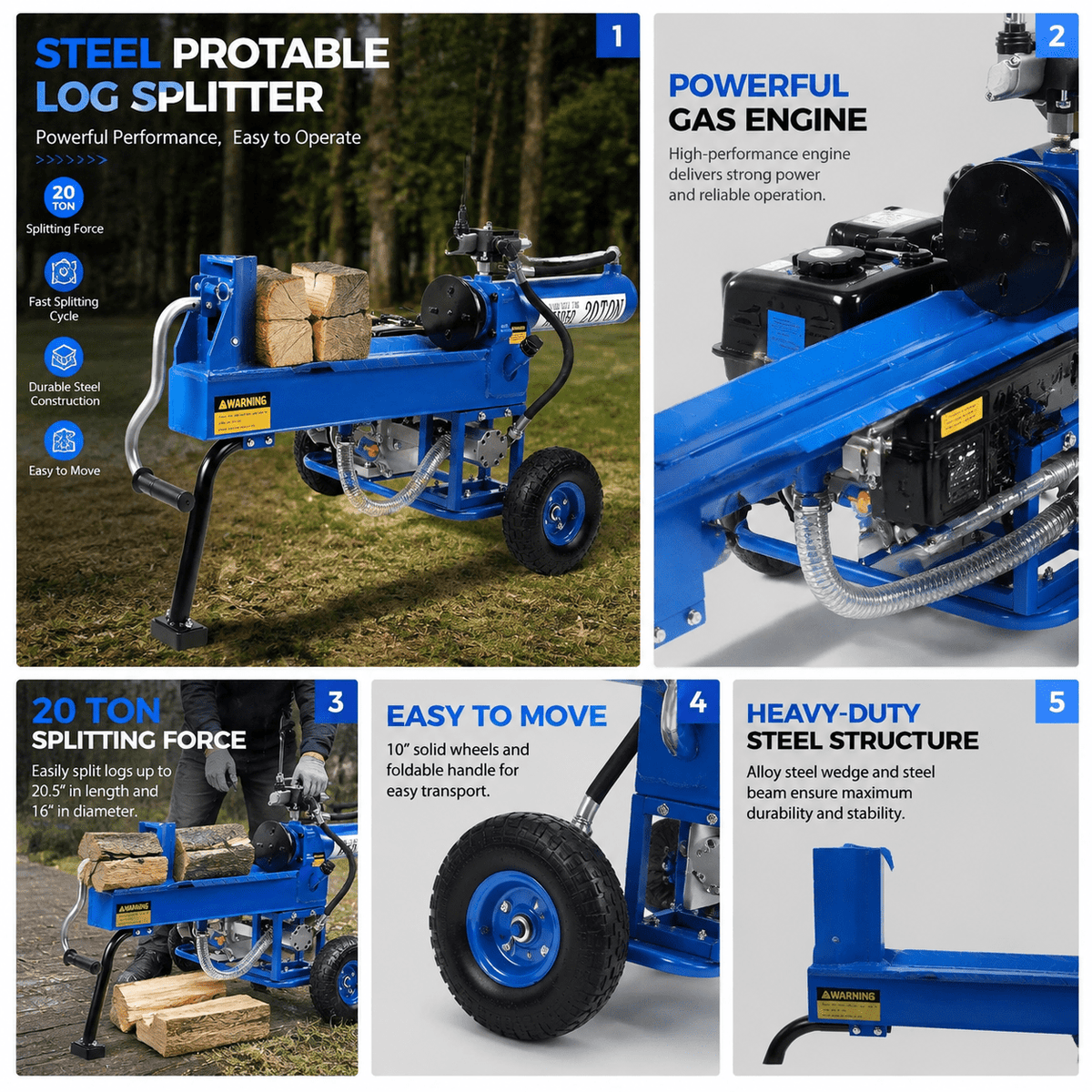 20 Ton Gas Log Splitter, Hydraulic Wood Splitter with Steel Frame, Portable Outdoor Firewood Splitter with Wheels, Heavy Duty Gas Powered Log Splitter for Home and Yard