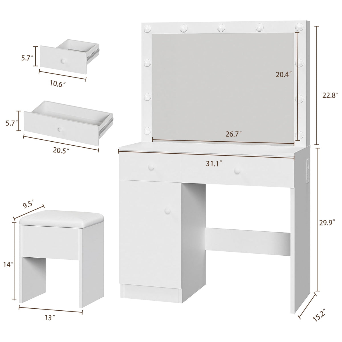 32" Vanity Desk with Large Mirror, LED Lights, AC Outlet, USB Ports, Make up Vanity Desk with Mirror and Lights andDrawer & Storage Cabinet, Vanity Set with Cushioned Stool