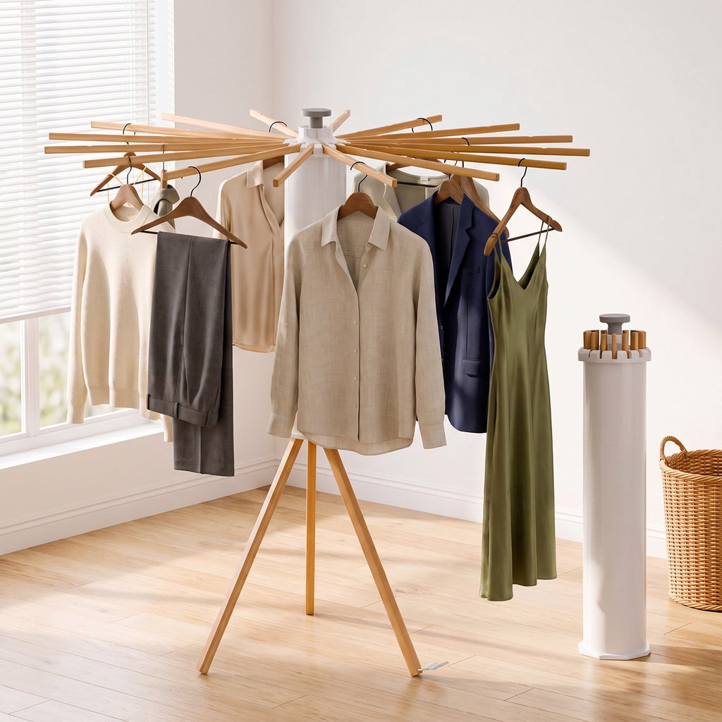 Clothes Drying Rack, Standing Tripod Laundry Drying Rack, Floor Standing Garment Clothes Dryer, Foldable Drying Racks for Laundry, White