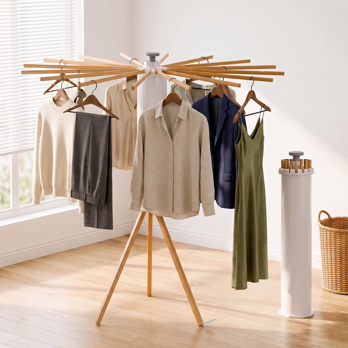 Clothes Drying Rack, Standing Tripod Laundry Drying Rack, Floor Standing Garment Clothes Dryer, Foldable Drying Racks for Laundry, White